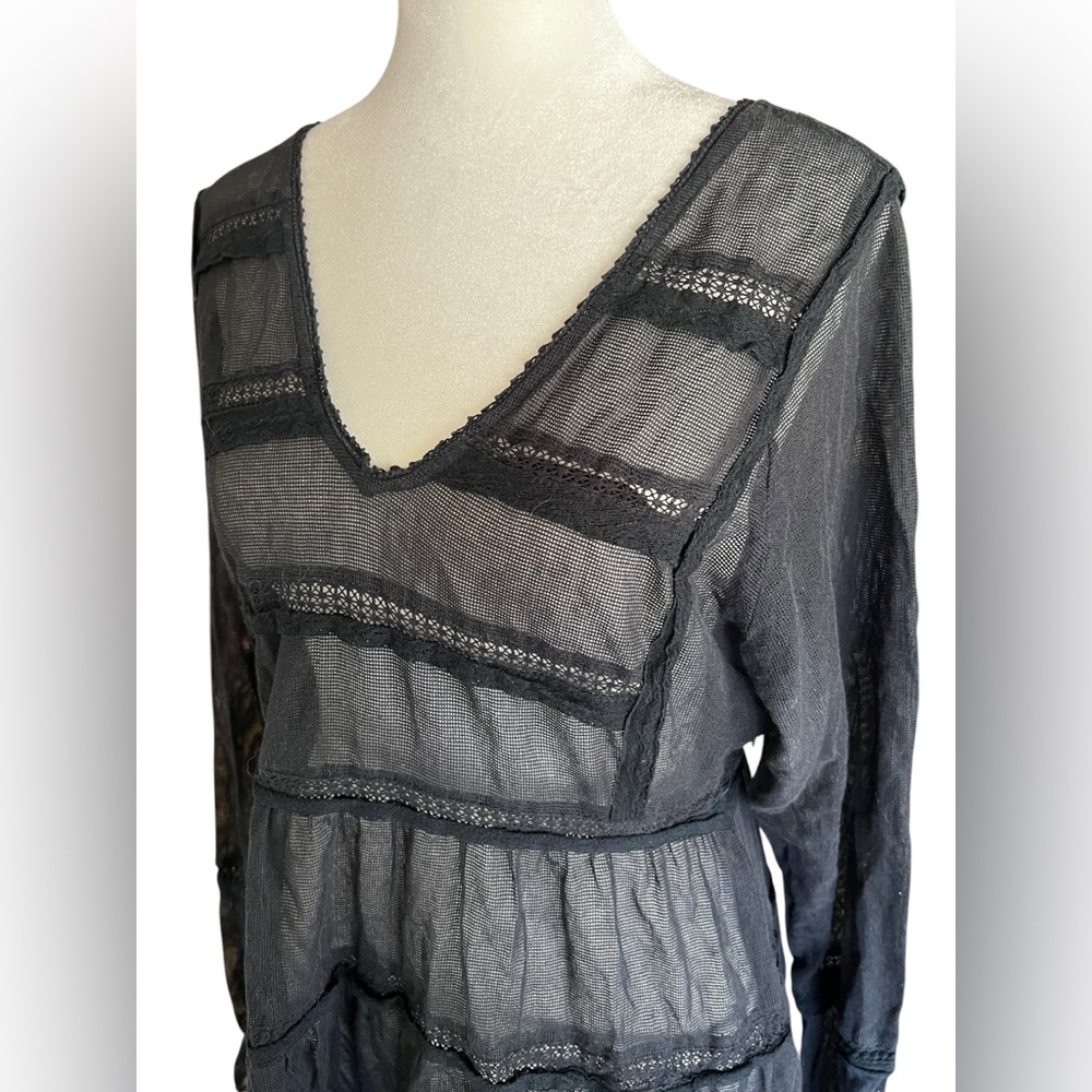 FREE PEOPLE Berlin Black Mesh Long-Sleeved Mini Dress Boho Lace Size S - Picture 3 of 8